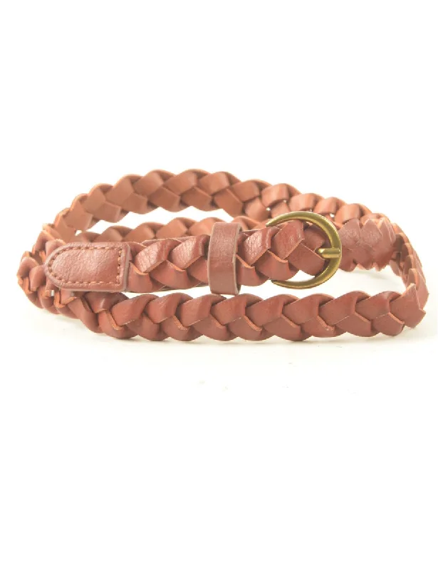Relaxed Chic Brown Leather Woven Belt - M