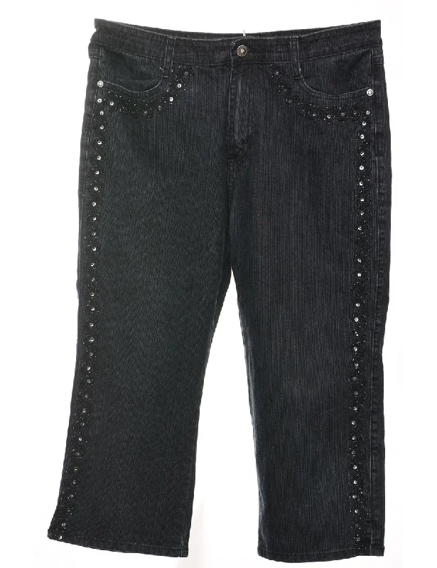 Celebrity Style Cropped Black Y2K Embellished Jeans  - W32 L21
