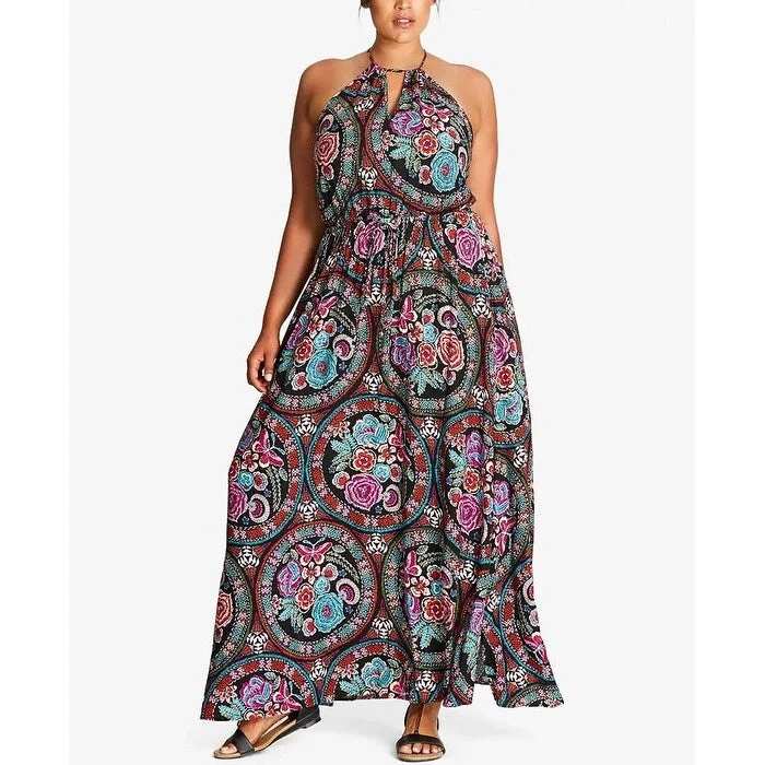 Youthful Street Fashion City Chic Women's Plus Folklore Maxi Dress Black Dark Orange Size 20W Youthful Street Fashion City Chic Women's Plus Folklore Maxi Dress Black Dark Orange Size 20W
