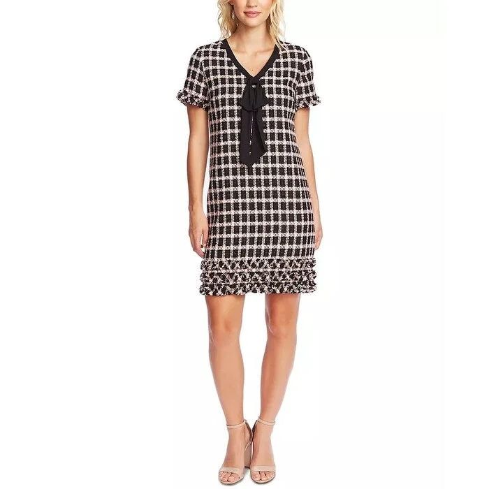 Simple And Comfortable CeCe Women's Grid Tweed Short Sleeve A Line Dress Black Grey Size 6