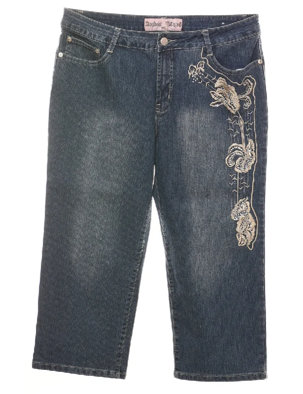 Comfortable And Simple Cropped Stonewash Y2K Floral Embroidered Jeans - W32 L19