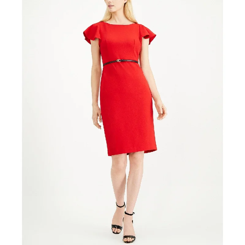 Printed Patterns Calvin Klein Women's Belted Ruffle-Sleeve Sheath Dress Medium Red Size 4 Printed Patterns Calvin Klein Women's Belted Ruffle-Sleeve Sheath Dress Medium Red Size 4