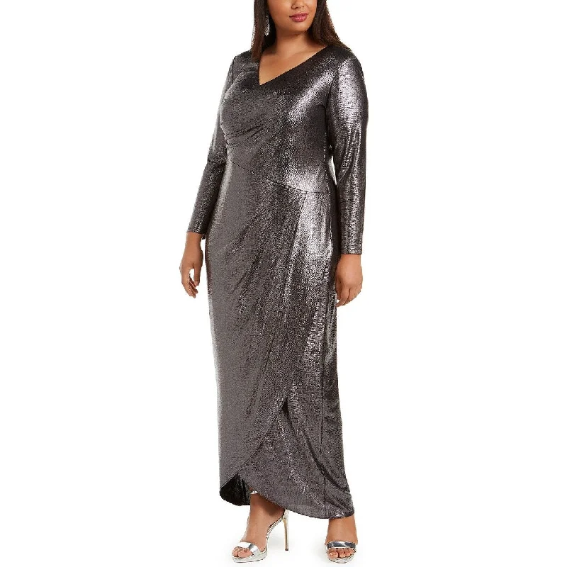 Classic Retro Adrianna Women's Plus Size Foiled Jersey Wrap Dress Black Size 16