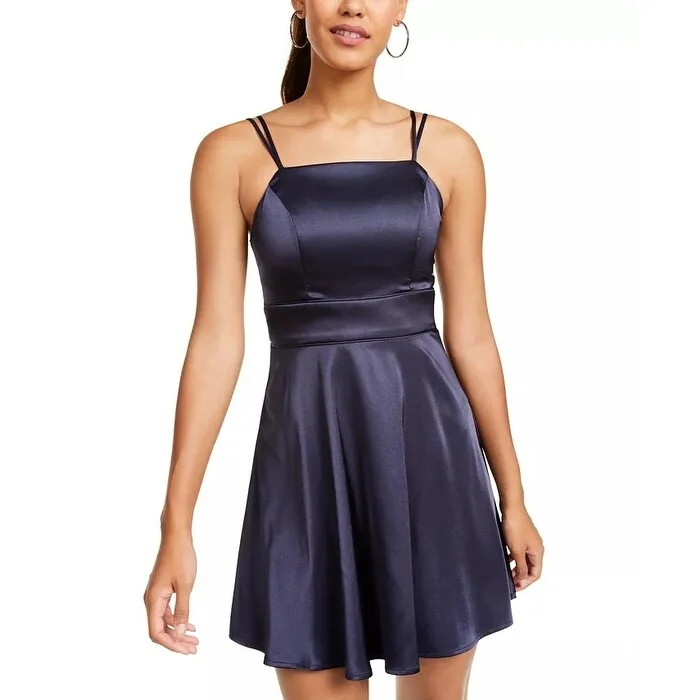 French Style Sequin Hearts Juniors' Satin Fit & Flare Dress Navy Size 3