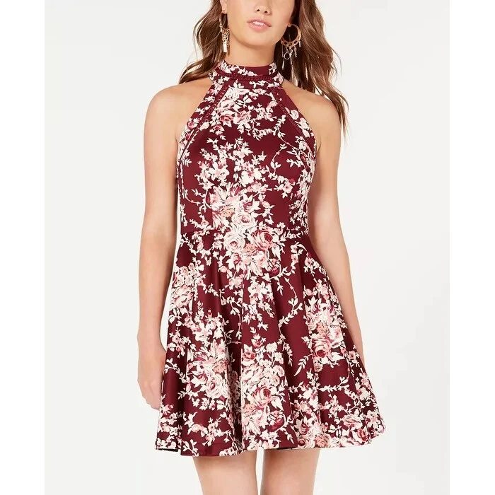 Feminine Charm B Darlin Junior's Printed Mock rochet Trim Fit & Flare Dress Red 3
