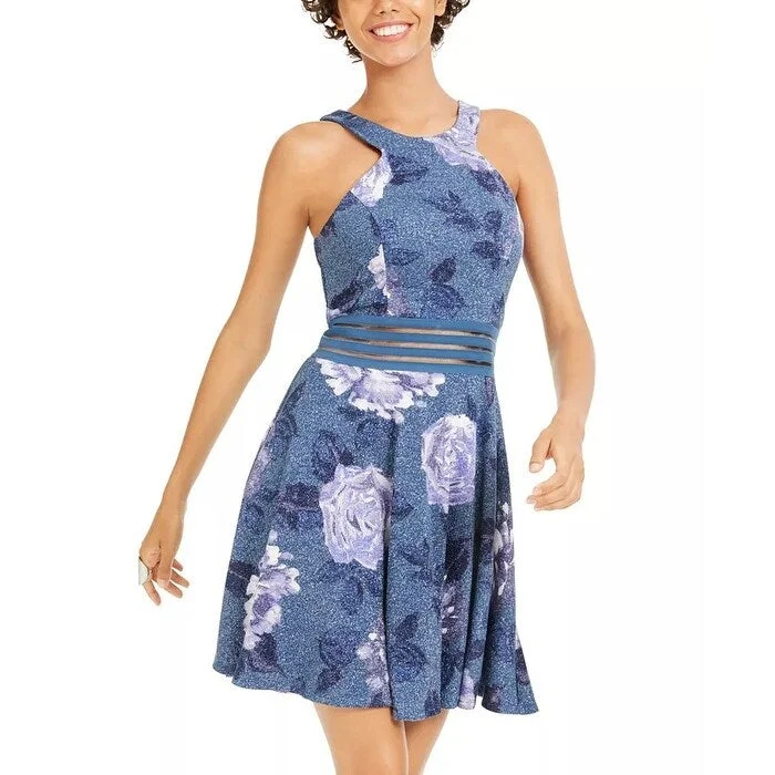 Avant-garde Design City Studios Junior's Glitter Floral Print Skater Dress Navy Size 13