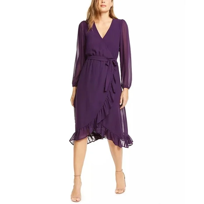 Comfortable And Versatile Q & A Women's Ruffle Hem Midi Wrap Dress Purple Size Small