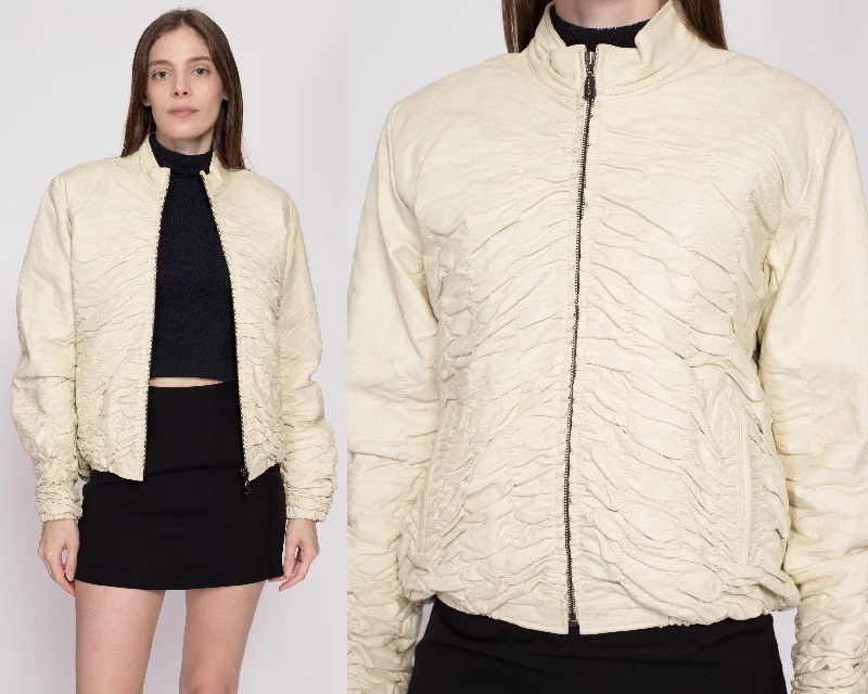 End Of The Year 90s Ruched Cream Leather Jacket - Large