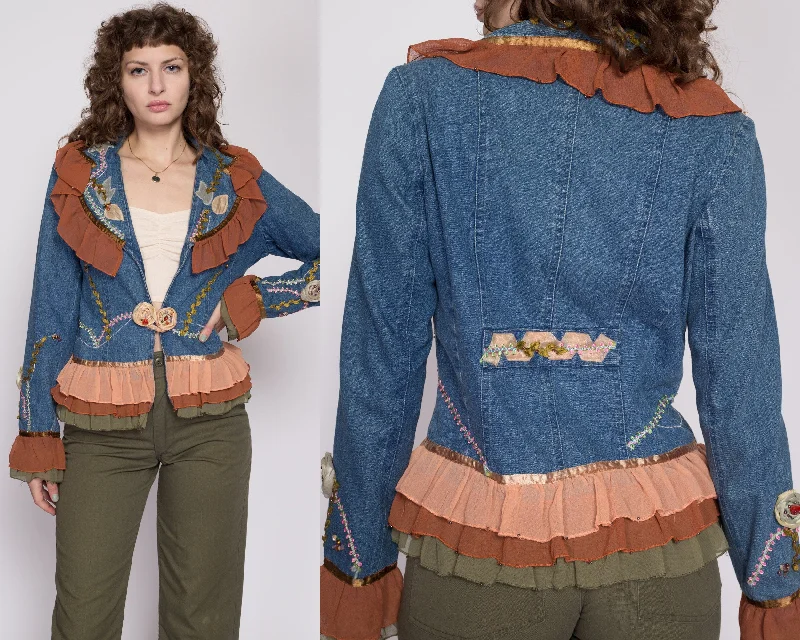 Fashionable Prints Small 90s Denim Chiffon Trim Embellished Blazer