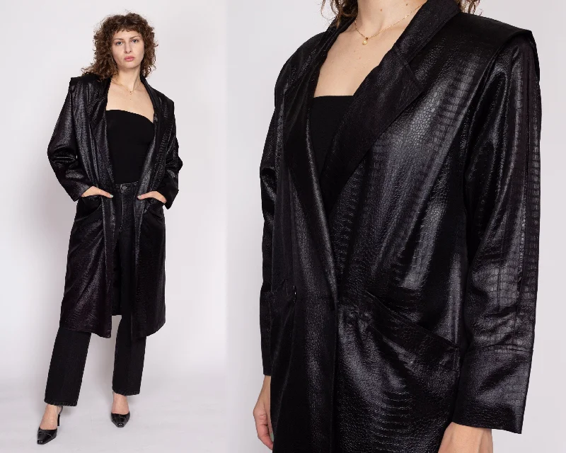 Fresh And Fashionable 80s Black Faux Crocodile Trench Coat - Medium