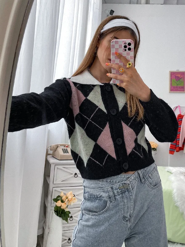 Single-shoulder Neck Design Casual Geometric Button Front Long Sleeve Collar Regular Women Cardigan
