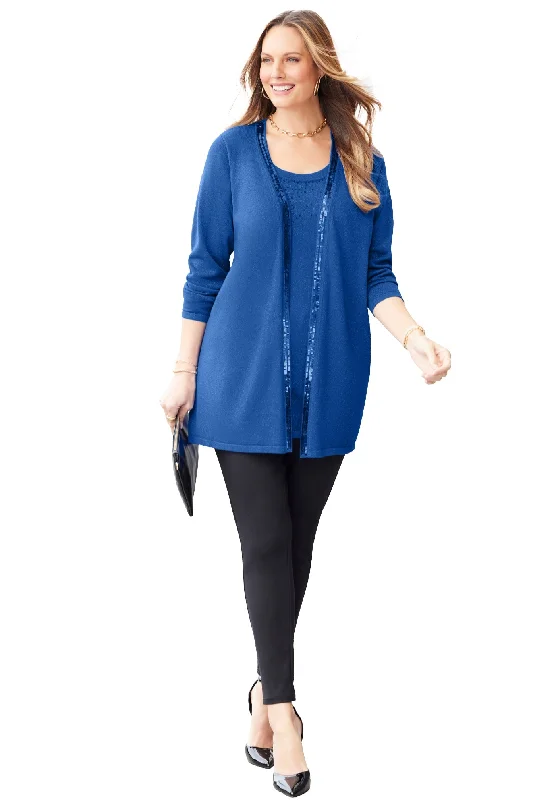 Modern Comfort Black Label Sequin Trim Tank Cardigan Duet