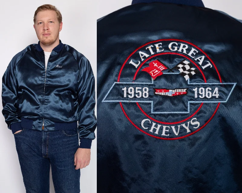 Fashionable Inner Wear Large 70s Late Great Chevys Blue Satin Varsity Jacket
