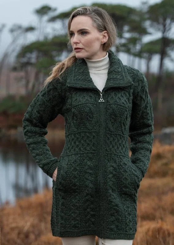 Double Collar Aran Sweater Coat | Green