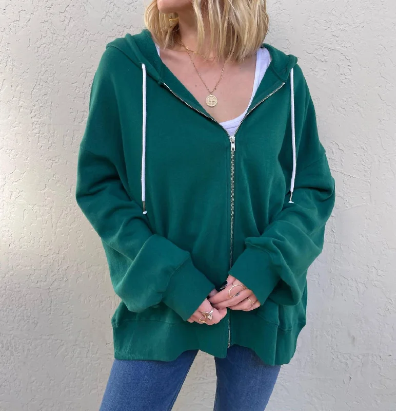 Cotton Fleece Zip Up Hoodie In Green