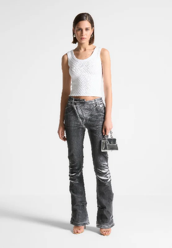 Oil Print Tacked Fit and Flare Jeans - White/Grey