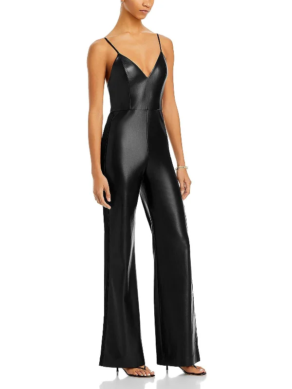 Christena Womens Faux Leather Wide Leg Jumpsuit