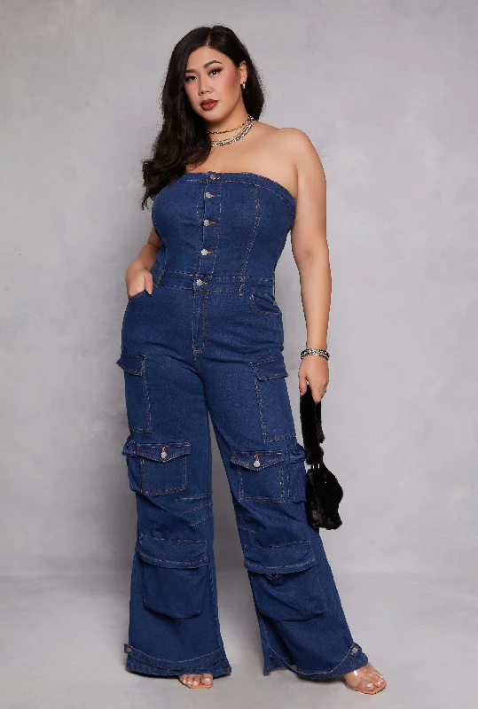 Plus Size Daisy Denim Strapless Cargo Jumpsuit