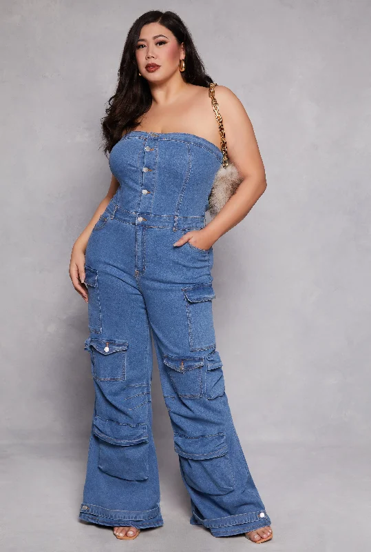 Plus Size Daisy Denim Strapless Cargo Jumpsuit