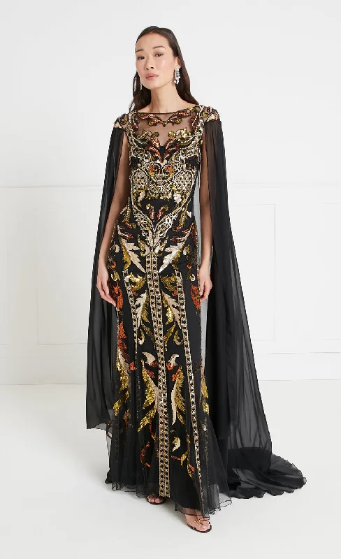 Novella Embellished Cape Gown - Black