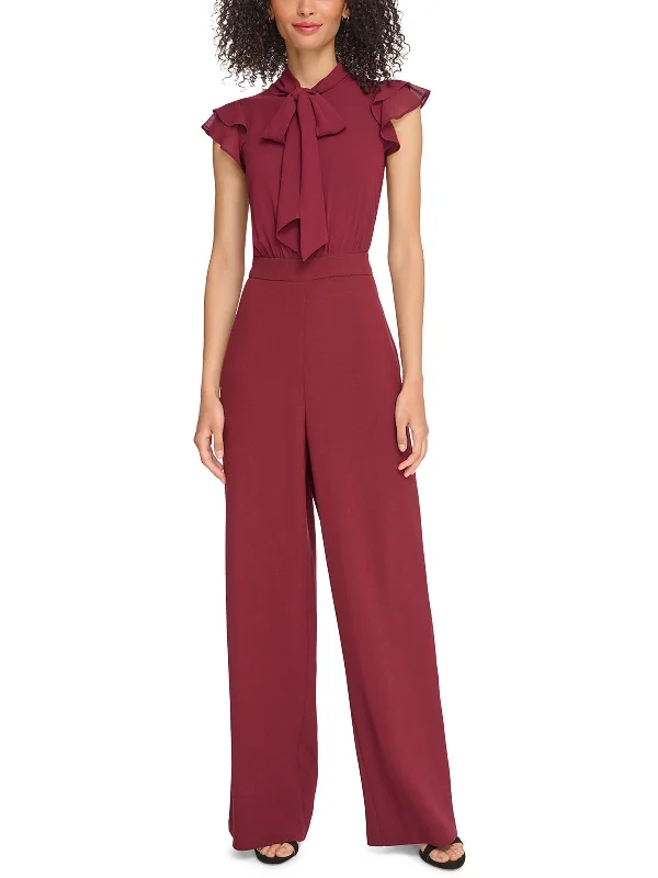 Petites Womens Tie Neck Flutter Sleeve Jumpsuit