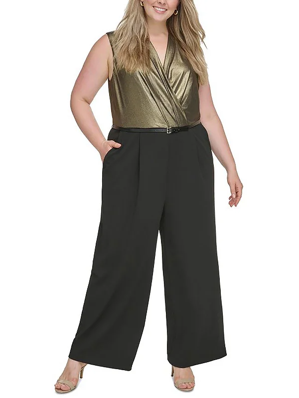 Plus Womens Metallic Wide Leg Jumpsuit