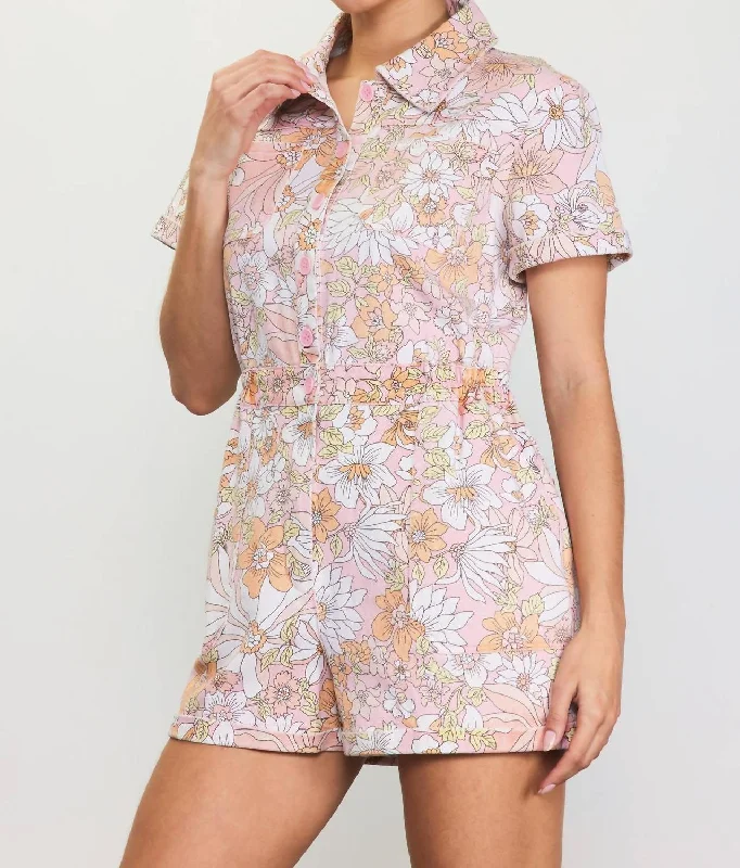 Retro Floral Collared Romper In Apricot