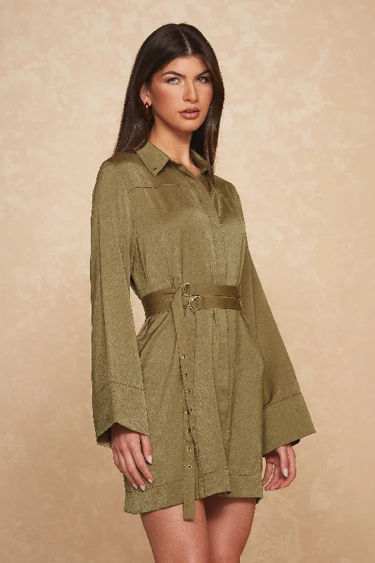 Simone Double Belted Satin Dress - Olive