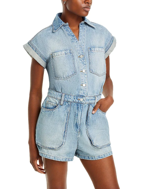 Womens Denim Cuff Sleeves Romper