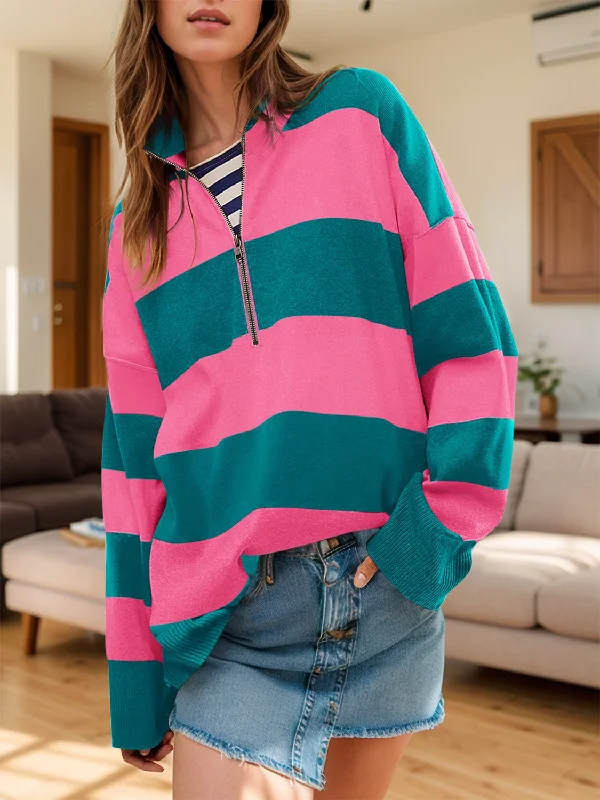 Color Block Half Zip Long Sleeve Sweater