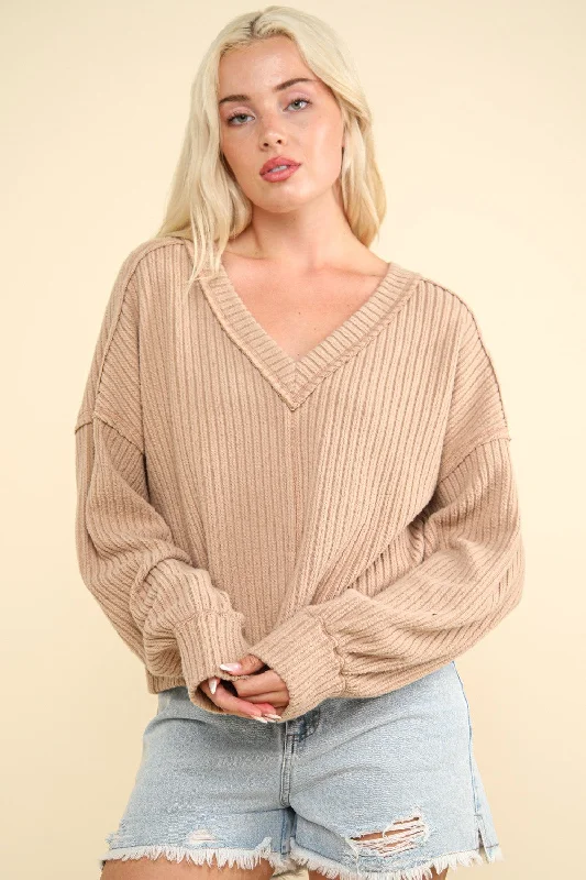 VERY J Exposed Seam V-Neck Ribbed Knit Top