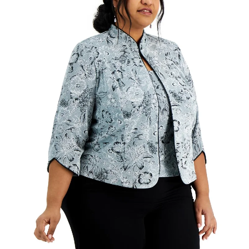 Alex Evenings Womens Plus Floral Print Glitter Open-Front Blazer