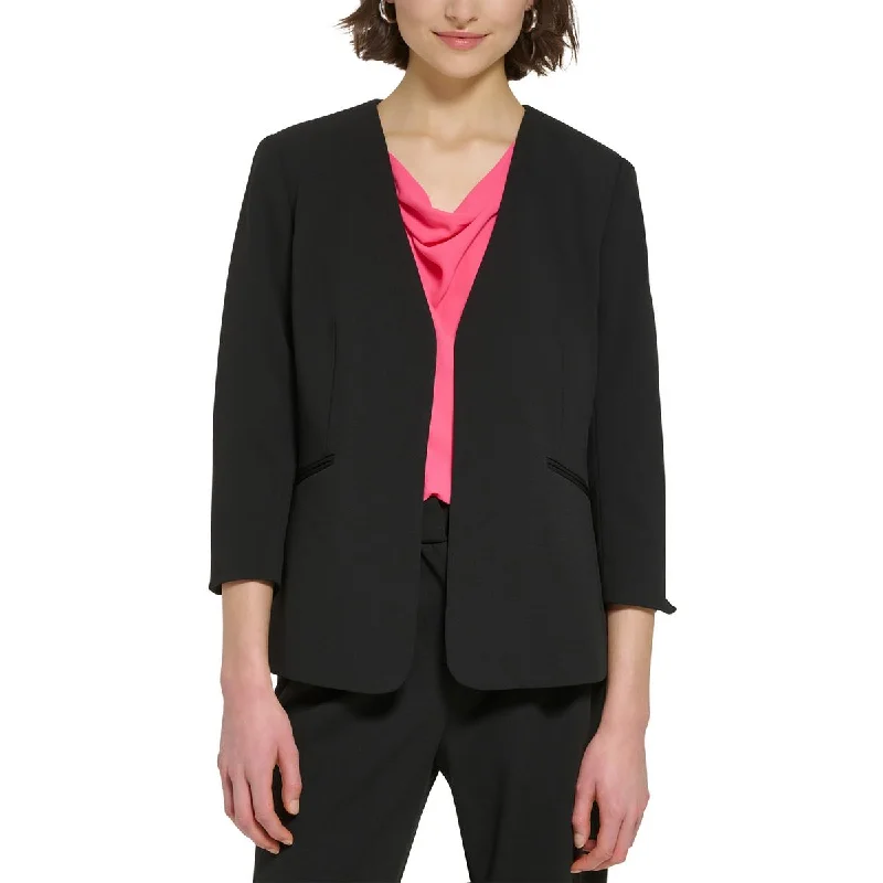 Calvin Klein Womens Petites Woven Collarless Open-Front Blazer