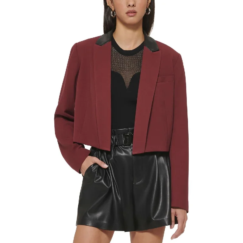 DKNY Womens Faux Leather Trim Crop Open-Front Blazer