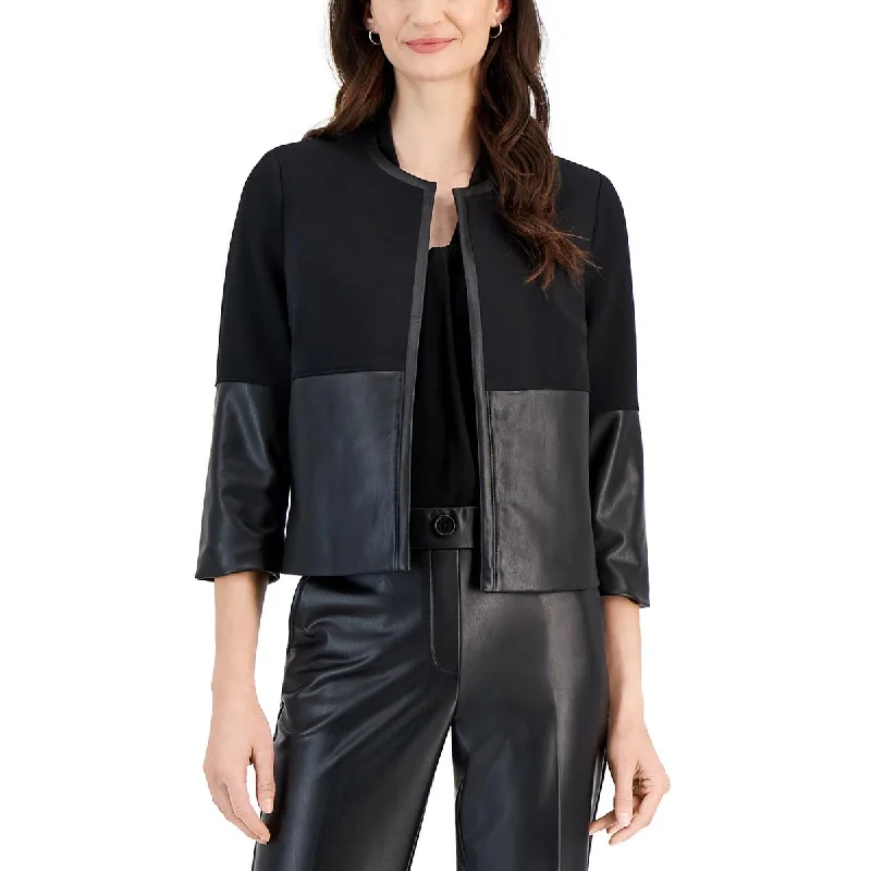 Kasper Womens Petites Faux Leather Embossed Open-Front Blazer